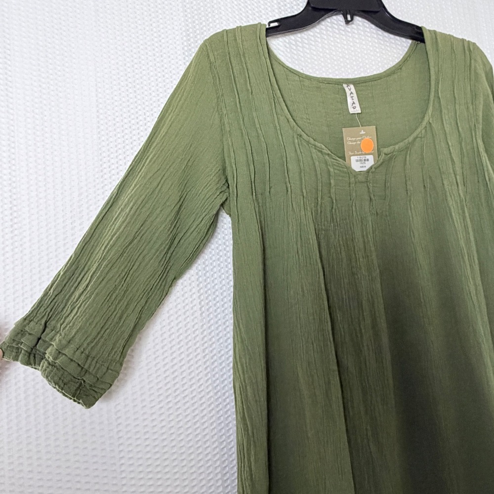 Avatar Tunic Dress Womens Medium Olive Green Pintuck Crinkle Cotton 3/4 Sleeve - Picture 4 of 9